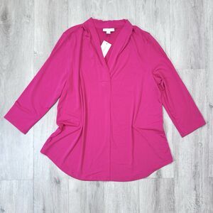 Charter Club Women's Petite XL NWT Vibrant Pink 3/4 Sleeve V Neck Blouse PXL